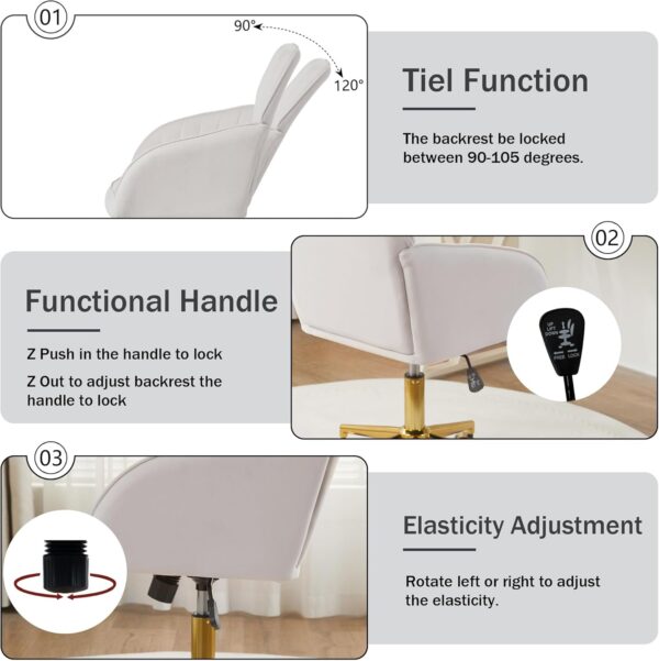 Velvet Home Office Chairs with Gold Base Upholstered Tufted Modern Height Adjustable 360 Degree Swivel Desk Chairs with Wheels, Vanity Chairs for Living Room, Bedroom,Study Room (Cream)