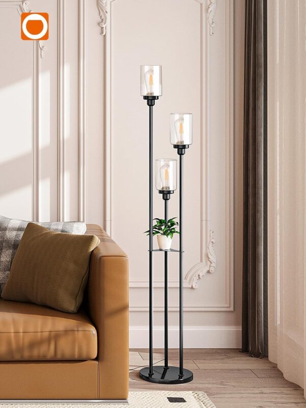 addlon Floor Lamps for Living Room with Clear Glass Shades, 3-Lights Standing lamp with Shelves, Farmhouse Tall Floor Lamp Modern lamp for Bedroom, Office - Black