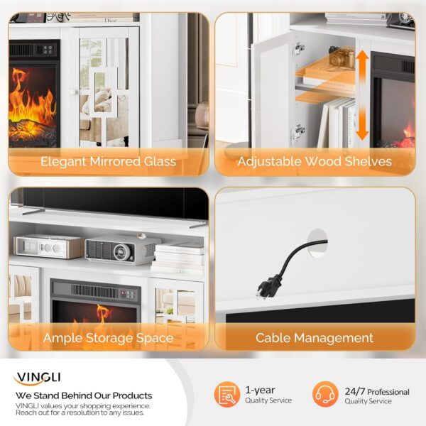 VINGLI Fireplace TV Stand for TVs up to 60'', Mirrored Media Entertainment Center Console Table with 18'' Electric Fireplace, Entertainment Center with Glass Door ＆ Storage Cabinet, White
