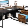 Tribesigns 63" L-Shaped Executive Desk, Large Office Desk with Drawers and Shelves, Rustic Long Business Furniture Desk with File Cabinet Storage Space, Home Office Workstation, Brown & Black