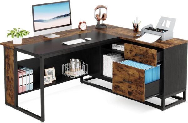 Tribesigns 63" L-Shaped Executive Desk, Large Office Desk with Drawers and Shelves, Rustic Long Business Furniture Desk with File Cabinet Storage Space, Home Office Workstation, Brown & Black