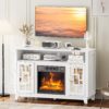 VINGLI Fireplace TV Stand for TVs up to 60'', Mirrored Media Entertainment Center Console Table with 18'' Electric Fireplace, Entertainment Center with Glass Door ＆ Storage Cabinet, White