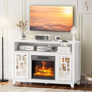 VINGLI Fireplace TV Stand for TVs up to 60'', Mirrored Media Entertainment Center Console Table with 18'' Electric Fireplace, Entertainment Center with Glass Door ＆ Storage Cabinet, White