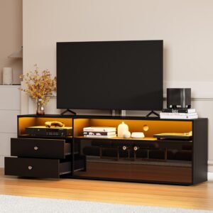 Cozy Castle 63" Modern TV Stand for TVs Up to 75", with LED Lights, Luxury High Gloss Finish Entertainment Center, TV Console Cabinet for Living Room, Black