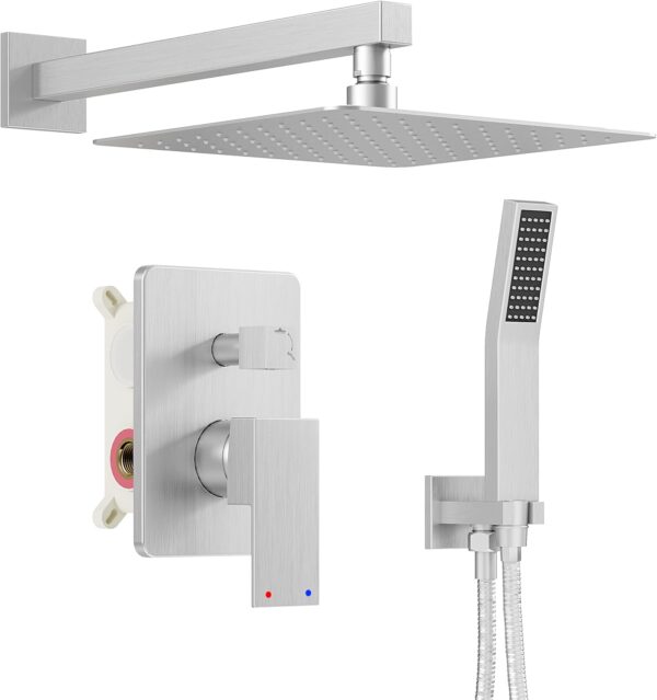 Brushed Nickel Shower System, Shower Faucet Set with 10-Inch Rain Shower Head and Handheld, Wall Mounted High-Pressure Shower Head Combo Set with Shower Valve and Shower Trim, Brushed Nickel