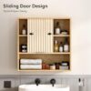 Fluted Wall Cabinet Bathroom, Modern Medicine Cabinet with Sliding Door Adjustable Shelf Wood Storage Cabinet Wall Mounted for Kitchen Dining Room Living Room, Natural Oak