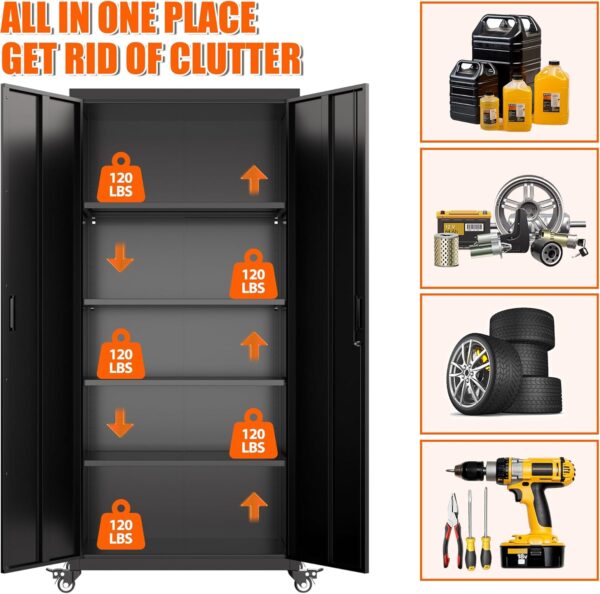 73" Tall Garage Storage Cabinets with Wheels, Metal Storage Cabinets with Locking Doors and 4 Adjustable Shelves for Garage Home, Assembly Required, Black
