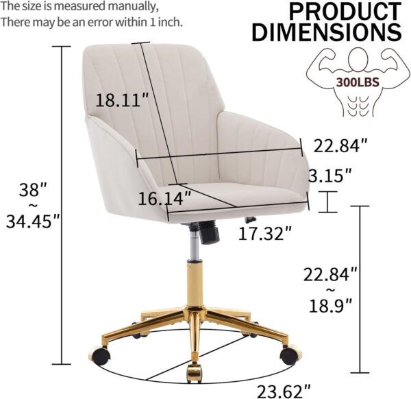 Velvet Home Office Chairs with Gold Base Upholstered Tufted Modern Height Adjustable 360 Degree Swivel Desk Chairs with Wheels, Vanity Chairs for Living Room, Bedroom,Study Room (Cream)