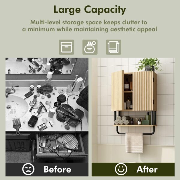 RUSTOWN Fluted Bathroom Wall Cabinet with 2 Doors, 3-Tier Modern Farmhouse Medicine Cabinet, Over The Toilet Storage Cabinet with Adjustable Shelf and Towel Bar(Natural, Small)