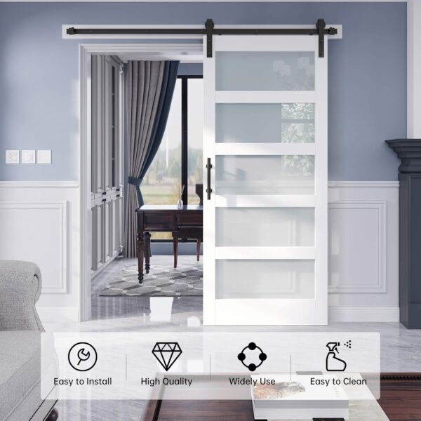 36in x 84in Glass Barn Door Slab With 6.6FT Sliding Door Hardware Kit & Handle,5 Frosted Glass Panel,LVL Material with White PVC Surface,Pre-drilled Holes Easy Assembly,Waterproof,Anti-scratch