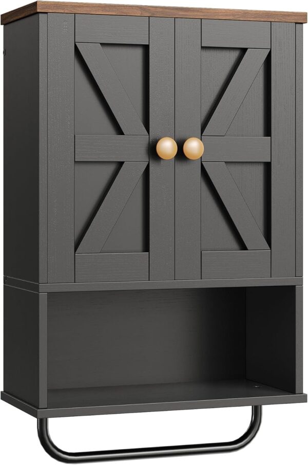 Bathroom Wall Cabinet, Medicine Cabinet with Open Partition and Towel Bar, Rustic Storage Cabinet with Open and Hidden Storage Space, for Bathroom, Living Room, Kitchen, Black and Walnut