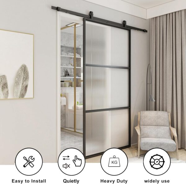 JUBEST Glass Barn Door 42in x 84in, Reeded Glass Carbon Steel Pre-Drilled Frame Sliding Barn Door Panel with 7FT Hardware Kit and Soft Close