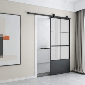 JUBEST 36in x 84in Glass Sliding Barn Door, Modern French Door, Paneled Frosted Glass Carbon Steel Frame Sliding Closet Kitchen Door with 6FT Hardware Kit and Soft Close Mechanisms