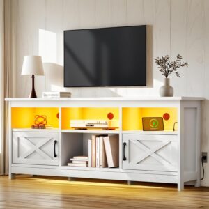 YITAHOME TV Stand for 65 Inch TV, Entertainment Center with LED Light and Power Outlet, Farmhouse TV Cabinet, Television Stands for Living Room, White