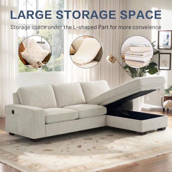 TEKAMON 99" Convertible Sectional Sofa Couch with Chaise Storage, Modern L Shaped Reversible Couch for Living Room, Comfy Chenille Fabric Sofa, Removable Cushion Covers/USB Type-C Ports,Beige