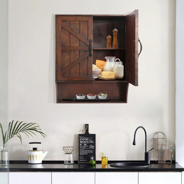 FLORA Farmhouse Wall Mounted Storage Cabinet, Medicine Cabinet with Doors, Wood Vintage Bathroom Wall Cabinet Over Toilet for Bathroom, Kitchen, Living Room, Rustic Brown