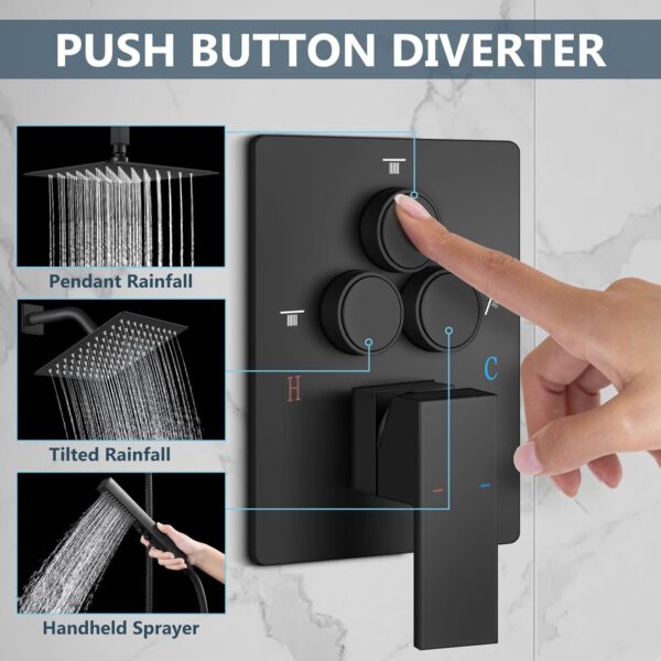 Aolemi Shower Faucet Set Ceiling Mount Shower System Rough-in Valve and Shower Trim Kit 10 and 6 Inch Dual Shower Head 2 in 1 Handheld Spray Push Button Diverter Matte Black