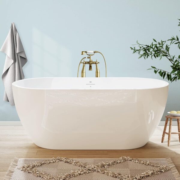 FerdY Bali 59" Acrylic Freestanding Bathtub, Gracefully Shaped Freestanding Soaking Bathtub with Brushed Nickel Drain & Minimalist Linear Design Overflow, Glossy White, cUPC Certified