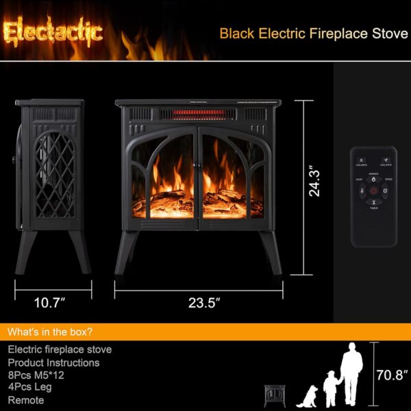24Inch Electric Fireplace Stove , Free-Standing Infrared Fireplace Stove, Controllable 3D Flame, 4 Variable Flame&Log Colors, 1500w, 5100BTU, Black (S230B-BLACK), 23.5"L X 10.7"W X 24.3"H