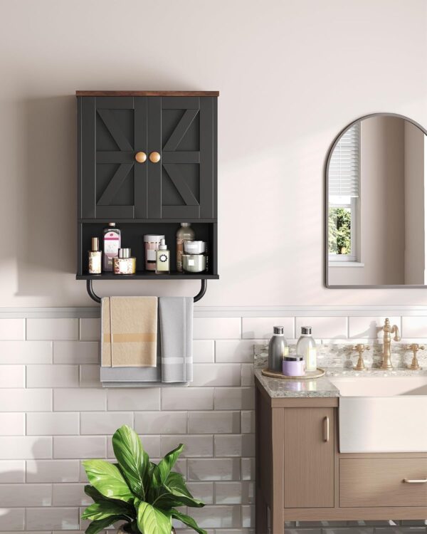 Bathroom Wall Cabinet, Medicine Cabinet with Open Partition and Towel Bar, Rustic Storage Cabinet with Open and Hidden Storage Space, for Bathroom, Living Room, Kitchen, Black and Walnut