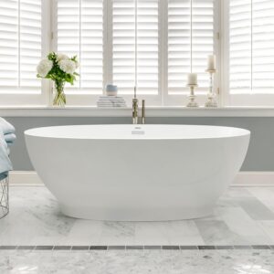 FerdY Koh Samui 65" Acrylic Freestanding Bathtub, Oval Contemporary Soaking Bathtub, Glossy White, cUPC Certified, Toe-Tap Chrome Drain & Overflow Assembly Included
