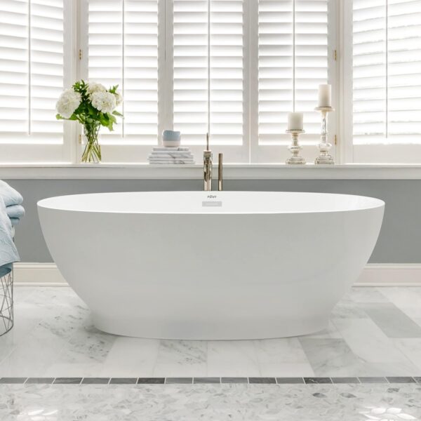 FerdY Koh Samui 65" Acrylic Freestanding Bathtub, Oval Contemporary Soaking Bathtub, Glossy White, cUPC Certified, Toe-Tap Chrome Drain & Overflow Assembly Included