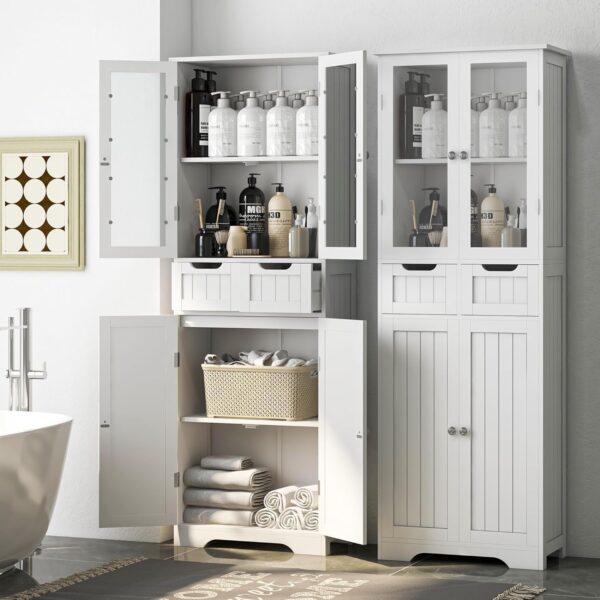 67" Tall Bathroom Storage Cabinet, Freestanding Linen Cabinet with Glass Doors and Shelves, Large Bathroom Pantry Cabinet with 2 Drawers for Living Room, Kitchen, Dining Room, Office, White