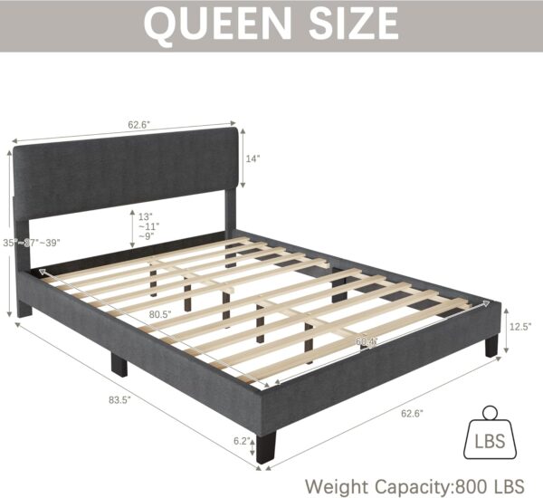 Queen Bed Frame Upholstered Bed Frame Platform with Adjustable Headboard Linen Fabric Headboard Wooden Slats Support/No Box Spring Needed/Easy Assembly/Mattress Foundation, Grey