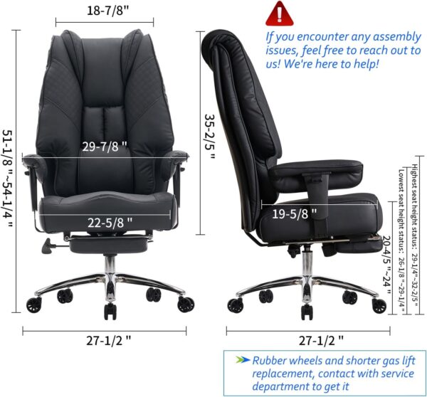 Big and Tall Office Chair 400lbs Wide Seat, Leather High Back Executive Office Chair with Foot Rest, Ergonomic Office Chair Lumbar Support for Lower Back Pain Relief (Black)