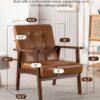 Faux Leather Accent Chair, Mid Century Modern Chairs for Living Room, Upholstered Comfy Armchair Bedroom Side Arm Chair with Rubber Wood,105° Ergonomic, Comfort Cushion and Wide Sitting
