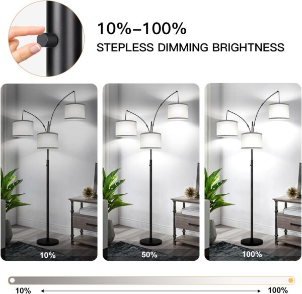 Dimmable Floor Lamp, 3 Lights Arc Floor Lamps for Living Room, Modern Tall Standing Tree Lamp with Gray Linen Shade & Heavy Base, Large Floor Lamp for Bedroom Office, 3x1000 LM LED Bulbs Included