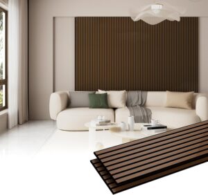 Wood Slat Panels for Wall and Ceiling 3D Wall Panels Wood Grain Acoustic Panels for Home Decor and Noise Reduction (Smoke walnut/2pcs)