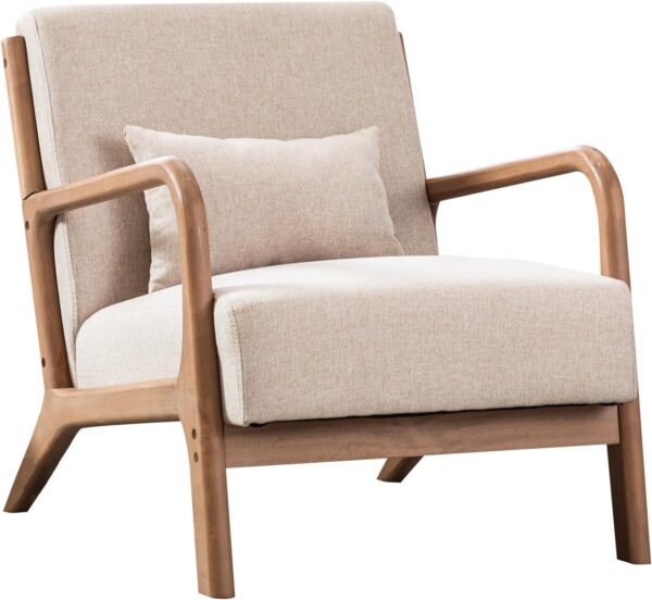 ANJHOME Mid Century Modern Accent Chair, Comfy Fabric Living Room Chairs with Solid Wood Frame, Lounge Reading Armchair, Easy Assembly, Beige