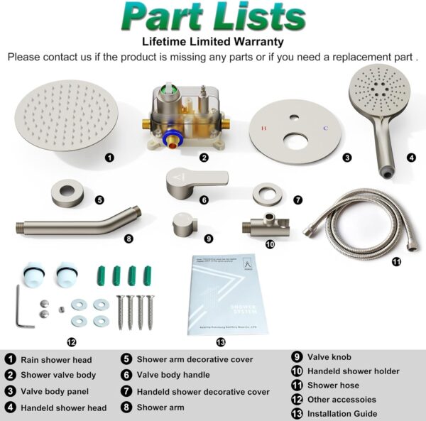 Shower Faucet Set 8IN Brass Rough-In Valve Body Trim Kit Rainfall Included Handle Accessories Complete 2 Functions with Rain Head and Handheld Bathroom Systems (8'', Brushed Nickel)