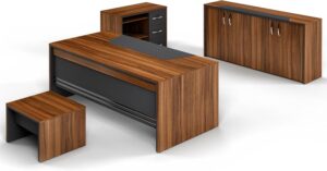 71" Wood Home Office Furniture Set of 4pcs | Executive Desk w/Leather Pad | Lockable File Drawers w/Keyboard Shelf & Telescopic Rails | Storage Cabinet w/Chrome Handles | Modern Coffee Table