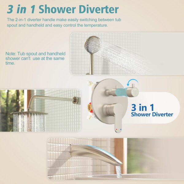 Gabrylly Bathtub Shower System, Shower Faucet Set with Tub Spout, High Pressure 10" Rain Shower head with Handheld Spray, Shower Fixtures with Pressure Balance Shower Valve, Brushed Nickel