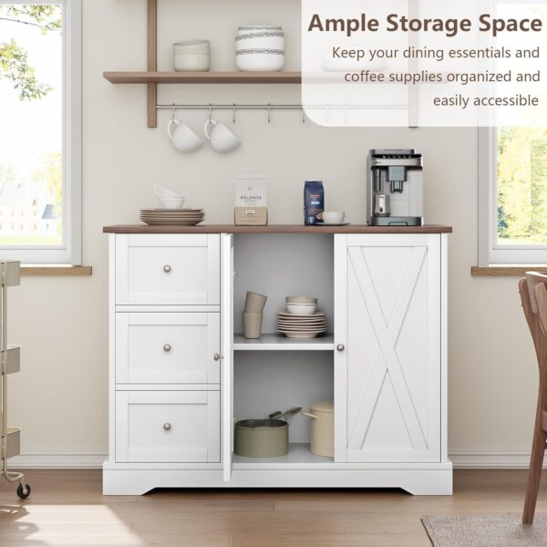 White Buffet Cabinet with Storage, Farmhouse Kitchen Cabinet with 3 Drawers and 2 Doors, Storage Cabinet for Kitchen, Dining Living Room
