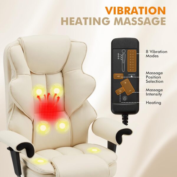HOMREST 6-Point Massage Executive Chair,Heat Office Chair,Ergonomic Home Office Desk Chair with Retractable Footrest and Reclining Function,Leather Computer Chair with Adjustable Armrest(‌Off White)