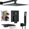 Shower System with Tub Spout, Wall Mounted Shower Faucet Set for Bathroom with 12 Inch Rain Shower Head and Handheld Shower Head Set, Matte Black