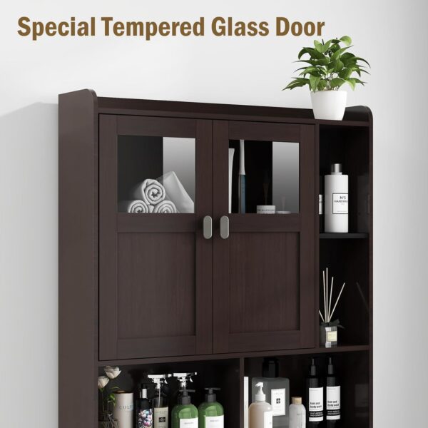 Vabches Over The Toilet Storage Cabinet, Bathroom Shelf Over Toilet with Glass Doors and Adjustable Shelves, Espresso Freestanding Home Space Save Toilet Rack for Restroom, Bathroom, Laundry