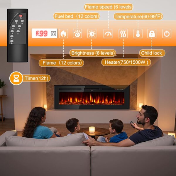 60 Inch Electric Fireplace in-Wall Recessed and Wall Mounted, Ultra-Thin Linear Fireplace Heater 750/1500W with Realistic Flame, Higher Temperatures & Lower Noise, Log Set & Crystal Options