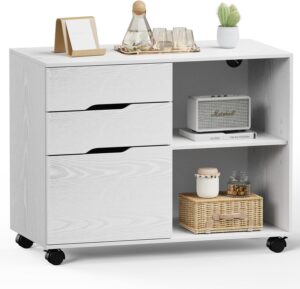 DUMOS 3 Drawers Lateral File Cabinet, Rolling Wooden Printer Stand Under Desk Storage Organizer with 4 Wheels Adjustable Shelf for Office Home