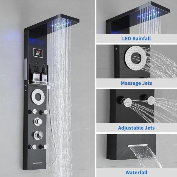 RUMOSE Matte Black Shower Panel Tower System, 5-Function Shower Faucet Set LED Light Rainfall Shower Head Digital Display with Massage Jets Tub Spout Shower Shelves, Stainless Steel, Wall Mount