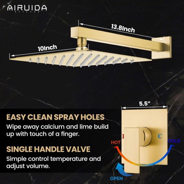 Airuida Shower Faucet Set Shower Trim Kit with Female Thread Rough-in Valve Single Function Shower Head and Handle set Rainfall Shower System with Long Shower Arm 10 Inch Shower Head Brushed Gold