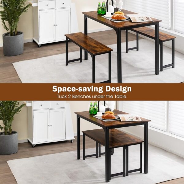 Moccha Dining Table Set for 4, 3-Piece Modern Breakfast Table Set with 2 Benches & Metal Frame, 43.5" Wood Kitchen Table Set, Space-Saving Dinette Set for Small Spaces, Dining Room, Rustic Brown