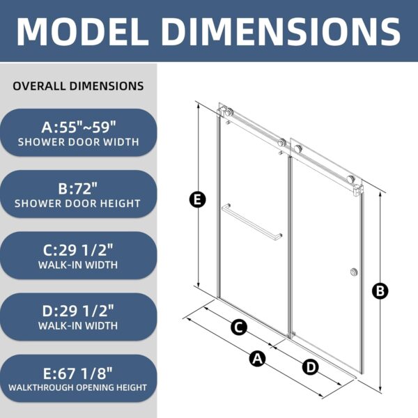 55-59" W x 72" H Frameless Shower Door Double Sliding Bathroom Door, Reversible Door Installation, Clear Tempered Glass, 304 Stainless Steel, Matte Black
