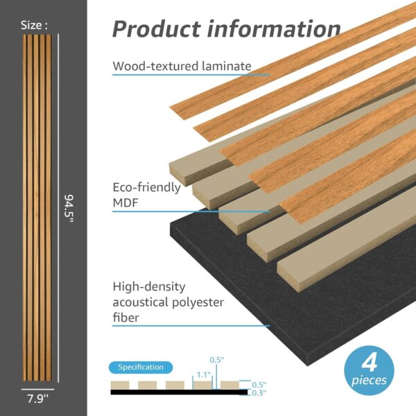 Art3d 4-Pack Acoustic Wood Slat Wall Panels for Interior Decor, 3D Fluted Sound Absorbing Wood Paneling for Accent Wall Ceiling Kitchen Living Room Bedroom Office, 94.5 x 7.9 inch Warm Teak