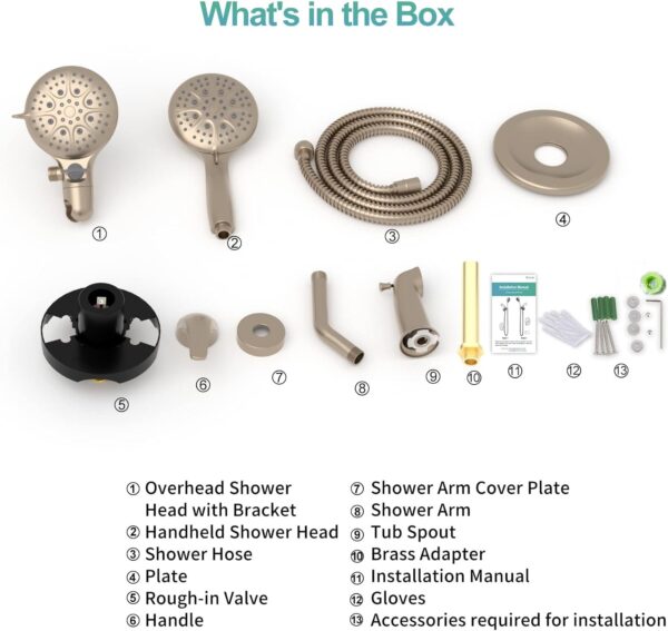 SR SUN RISE Shower System with Tub Spout Rain Shower Tub Set, High Pressure 35-Function Dual 2-in-1 Shower Combo Faucet with Valve, Patented 3-Way Water Diverter in Brushed Nickel (Valve Included)