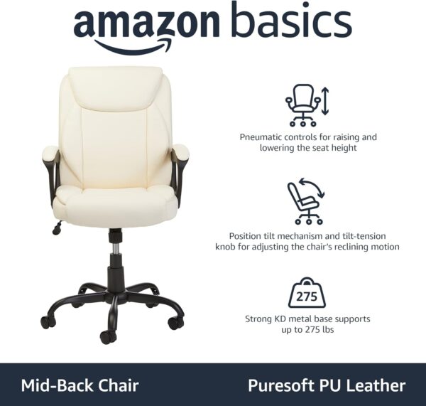 AmazonBasics Classic Puresoft PU-Padded Mid-Back Office Computer Desk Chair with Armrest - Cream