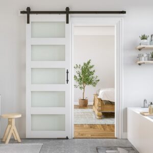 SmartStandard 32 x 84 in Glass Barn Door with 6FT Sliding Hardware Kit & Handle, Pre-Drilled Ready to Assemble, Waterproof PVC Coating, White, 5-Panel Glass